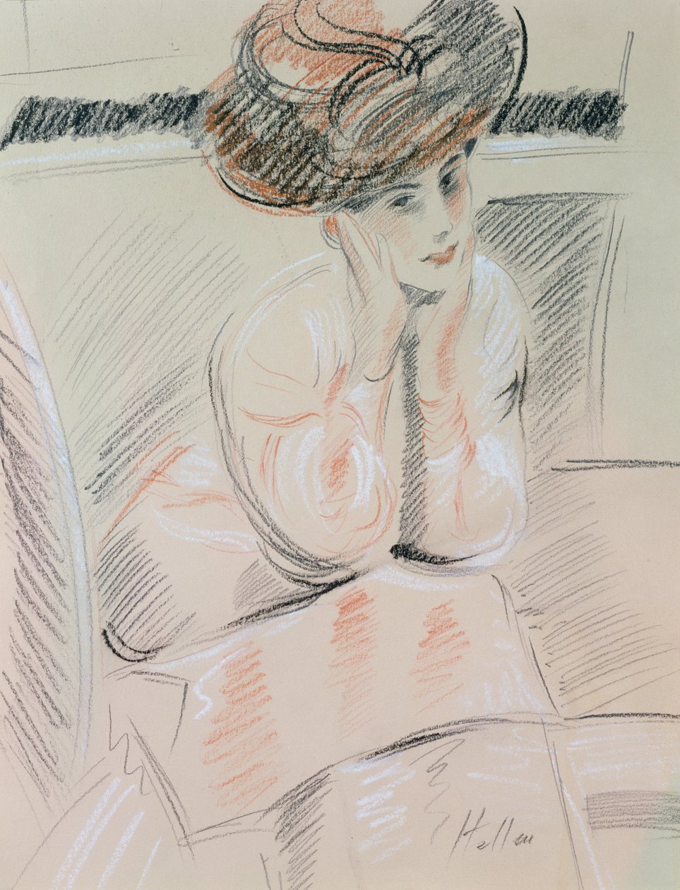 Hölgy portréja (fekete, fehér és piros kréta súrolópapíron) alkotó: Paul Cesar Helleu