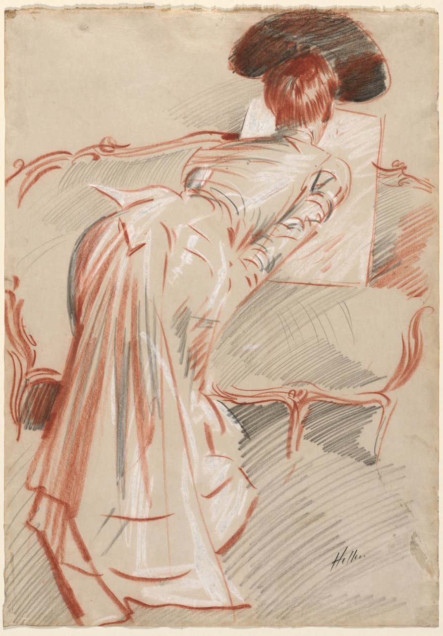 Nő (talán Madame Alice Hellu) rajzot néz alkotó: Paul Cesar Helleu