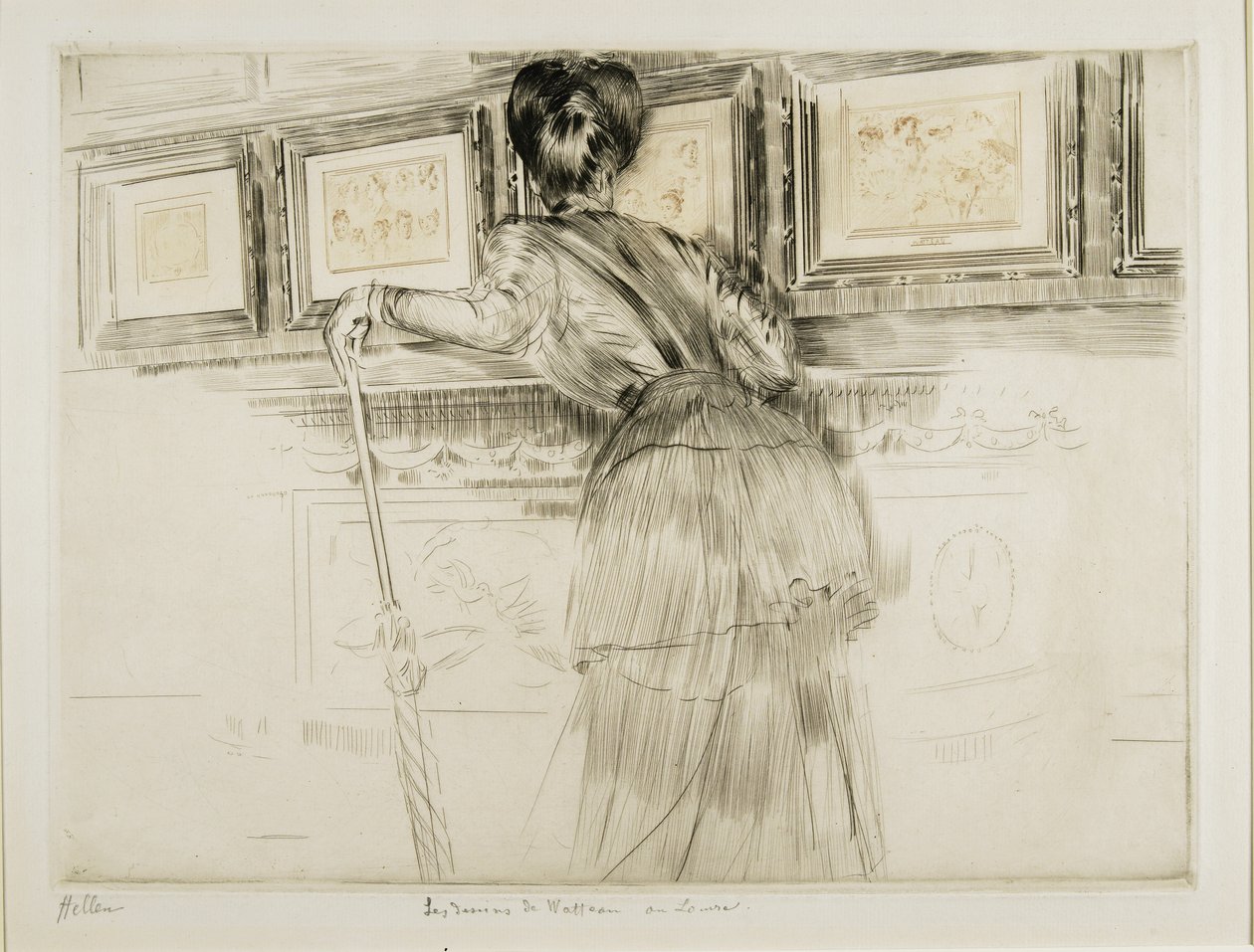 Nő nézi Watteau rajzait a Louvre-ban, c. 1895 alkotó: Paul Cesar Helleu