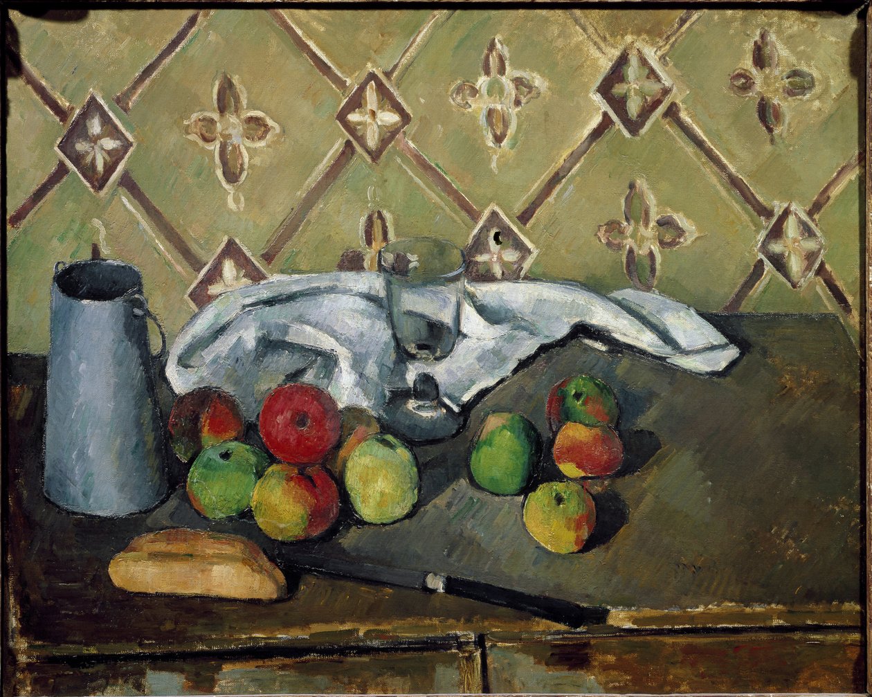 Gyümölcsök, szalvéta és tejes doboz - Olaj, vászon alkotó: Paul Cézanne