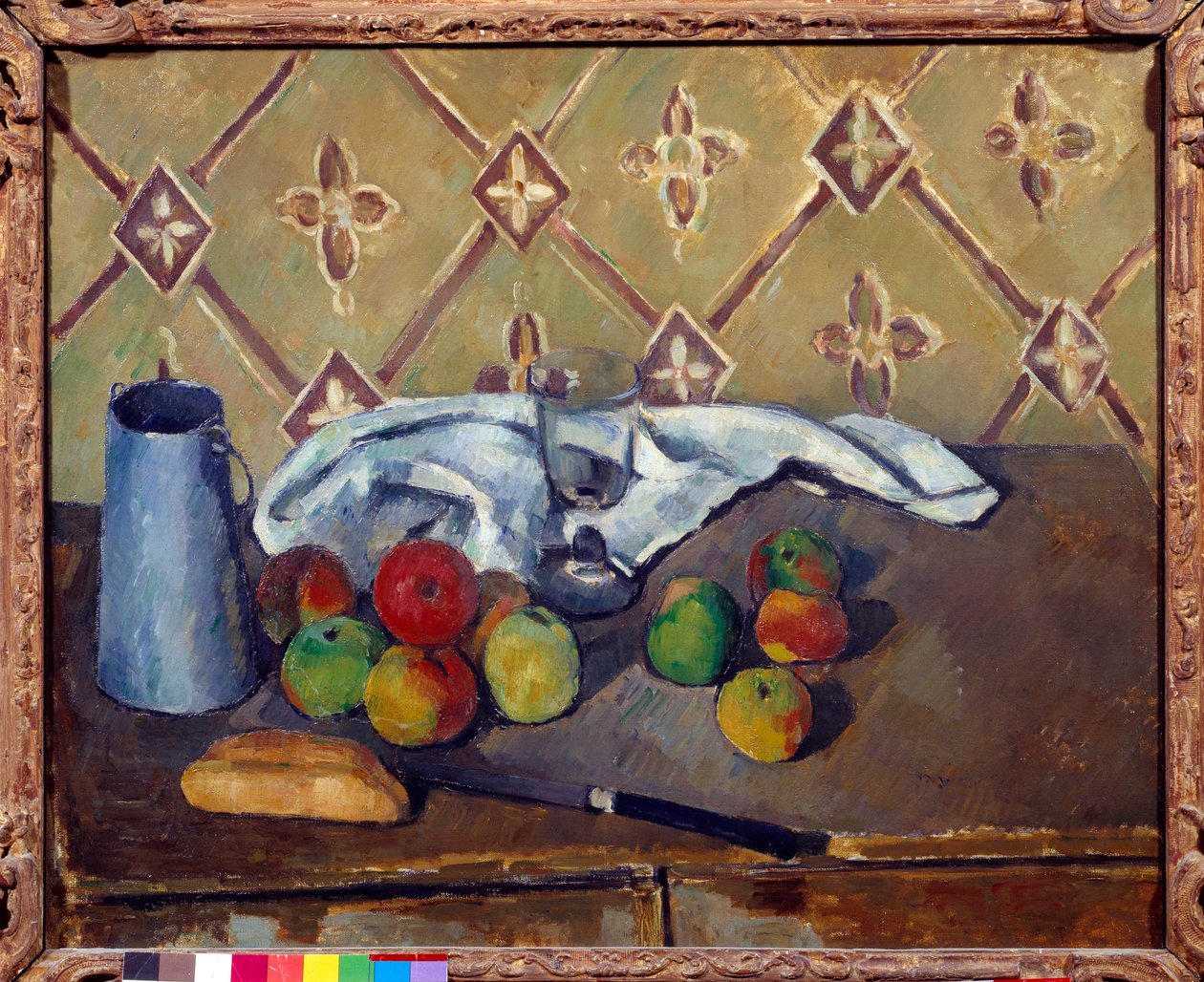 Gyümölcsök, törölköző, kenyér és tejes doboz Paul Cezanne (1839-1906) festménye 1880 V. 0,6x0,73 m Párizs, Musee de l