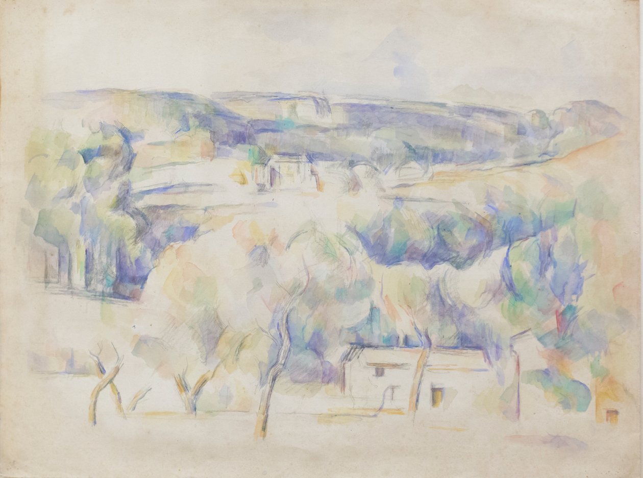 Ház és liget, 1890 körül (ceruza és akvarell papíron) alkotó: Paul Cézanne