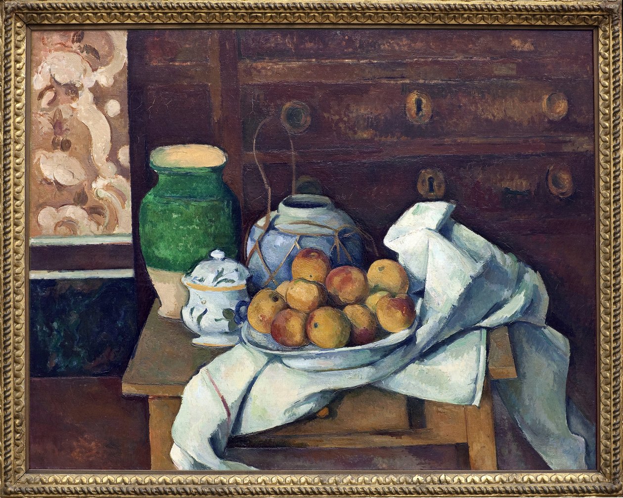 A csendéletnek megvan a komódja. Paul Cezanne (1839-1906) festménye, olaj, vászon 1885 körül. Francia művészet alkotó: Paul Cézanne