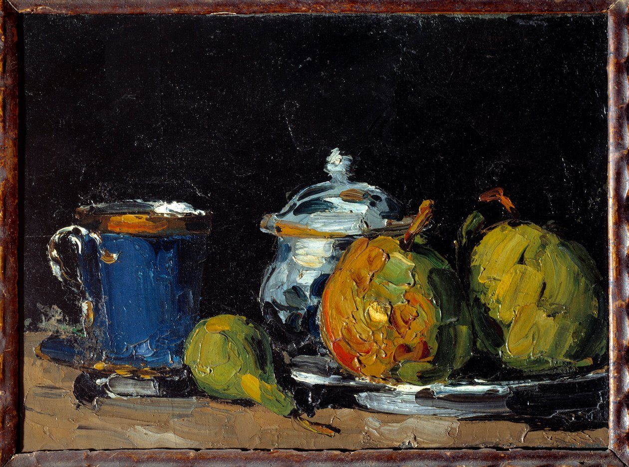 Cukortál, kék csésze és körte Paul Cezanne (1839-1906) festménye 1866 Aix En Provence. Granet Múzeum alkotó: Paul Cézanne