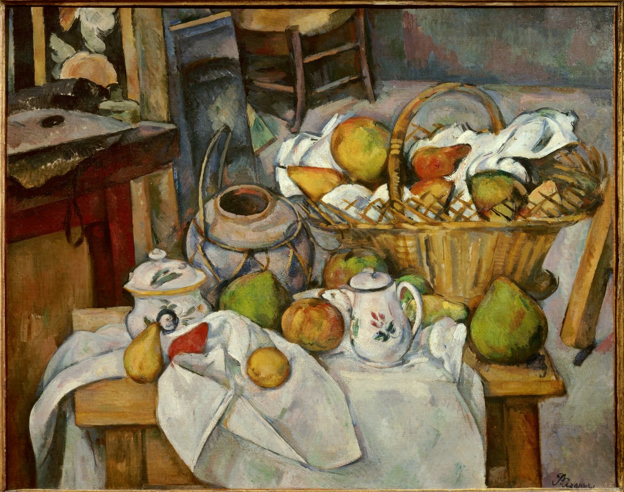 A Csendélet konyhaasztal egy gyümölcskosárból az asztalon pózol. Paul Cezanne (1839-1906) festménye 1888 V. 0,65x0,81 m Párizs, musee d