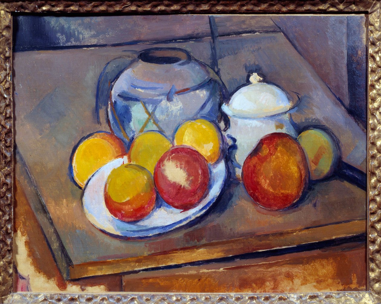 Váza szalma, cukortartó és alma Paul Cezanne festménye alkotó: Paul Cézanne