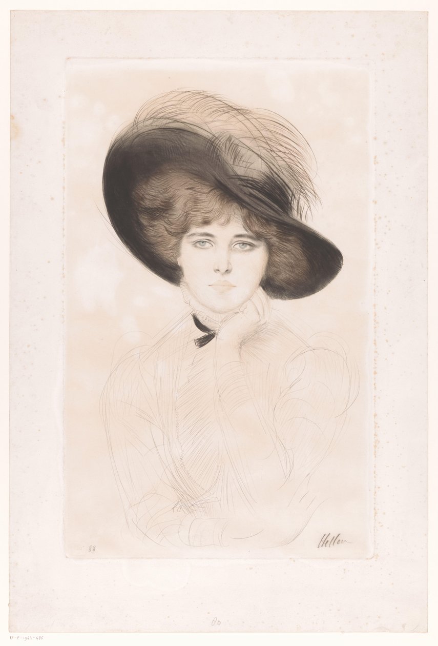 Egy ismeretlen nő portréja kalappal alkotó: Paul César Helleu (signed by artist)