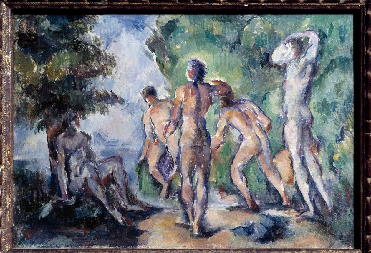 Paul Cezanne (1839-1906) fürdőzői festménye 1895 V. 0,22x0,33 m Lyon, Musee des Beaux Arts - The Bathers. Paul Cezanne (1839-1906) festménye alkotó: Paul Cézanne
