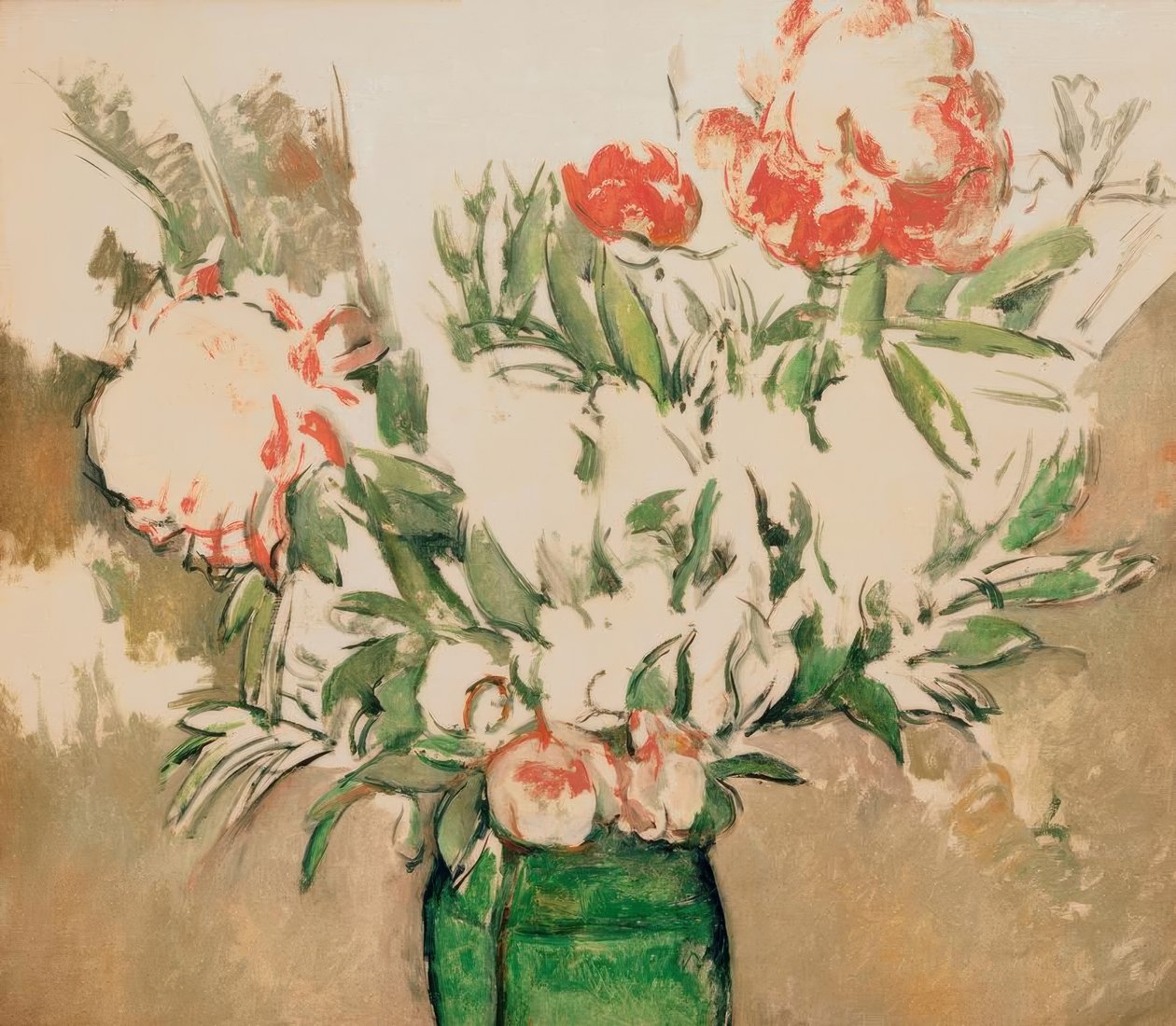 Csokor bazsarózsa egy zöld edényben alkotó: Paul Cézanne