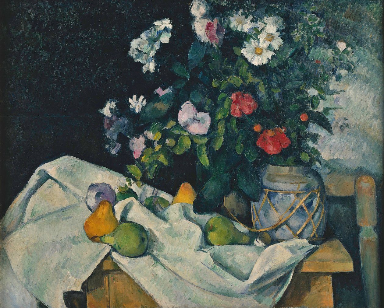 Virágok egy üveg gyömbérrel és gyümölcsökkel alkotó: Paul Cézanne