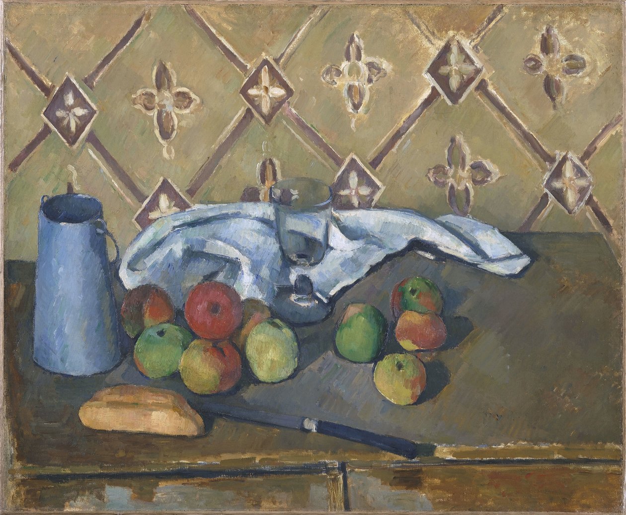Gyümölcs, szalvéta és tejeskancsó alkotó: Paul Cézanne