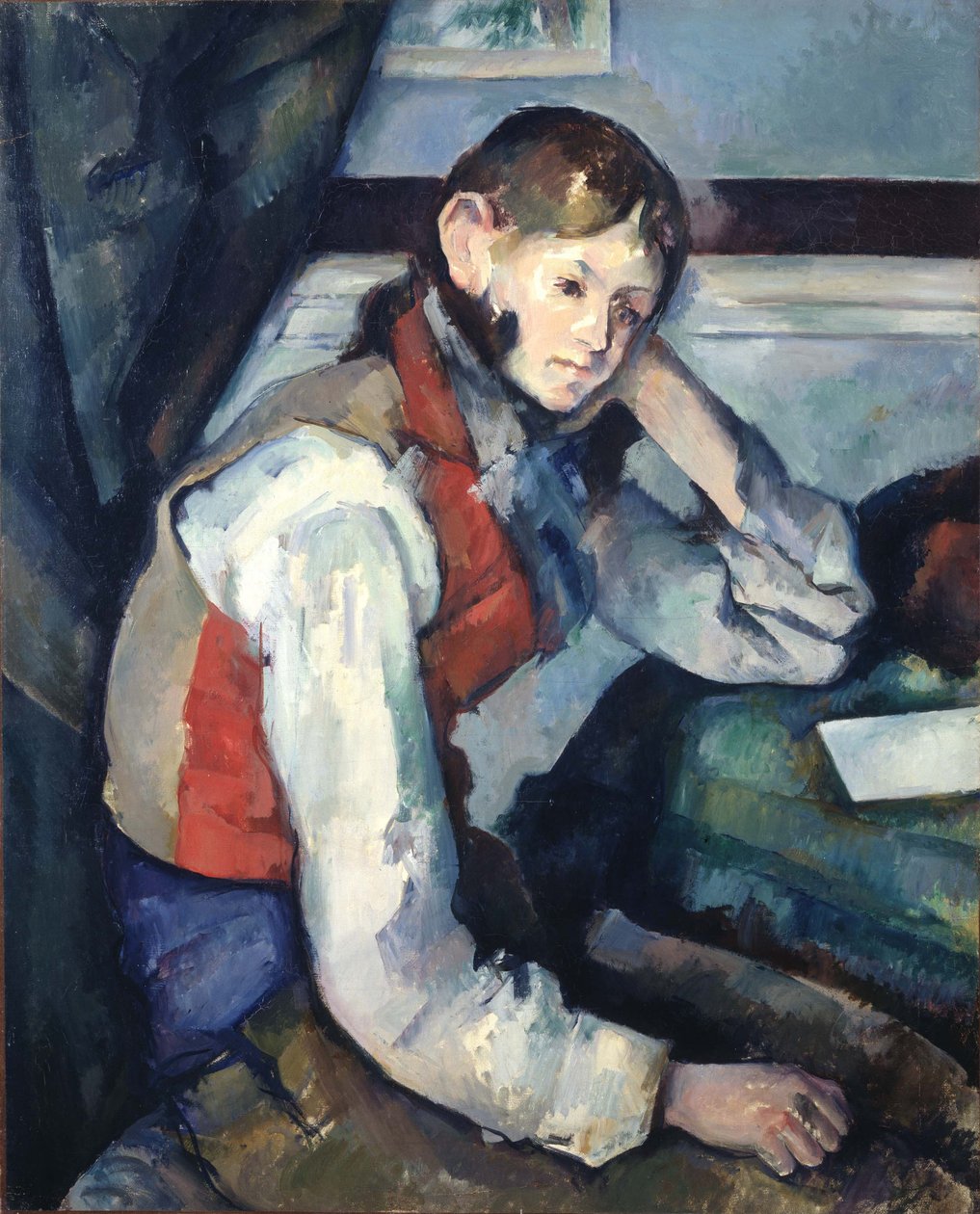 Német: Le Garçon au gilet rouge A fiú a piros mellényben alkotó: Paul Cézanne