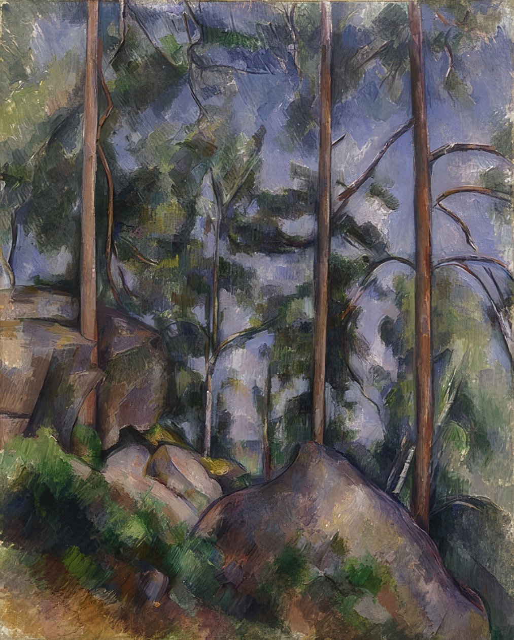 Fenyőfák és sziklák (Fontainebleau?). 1897 körül alkotó: Paul Cézanne
