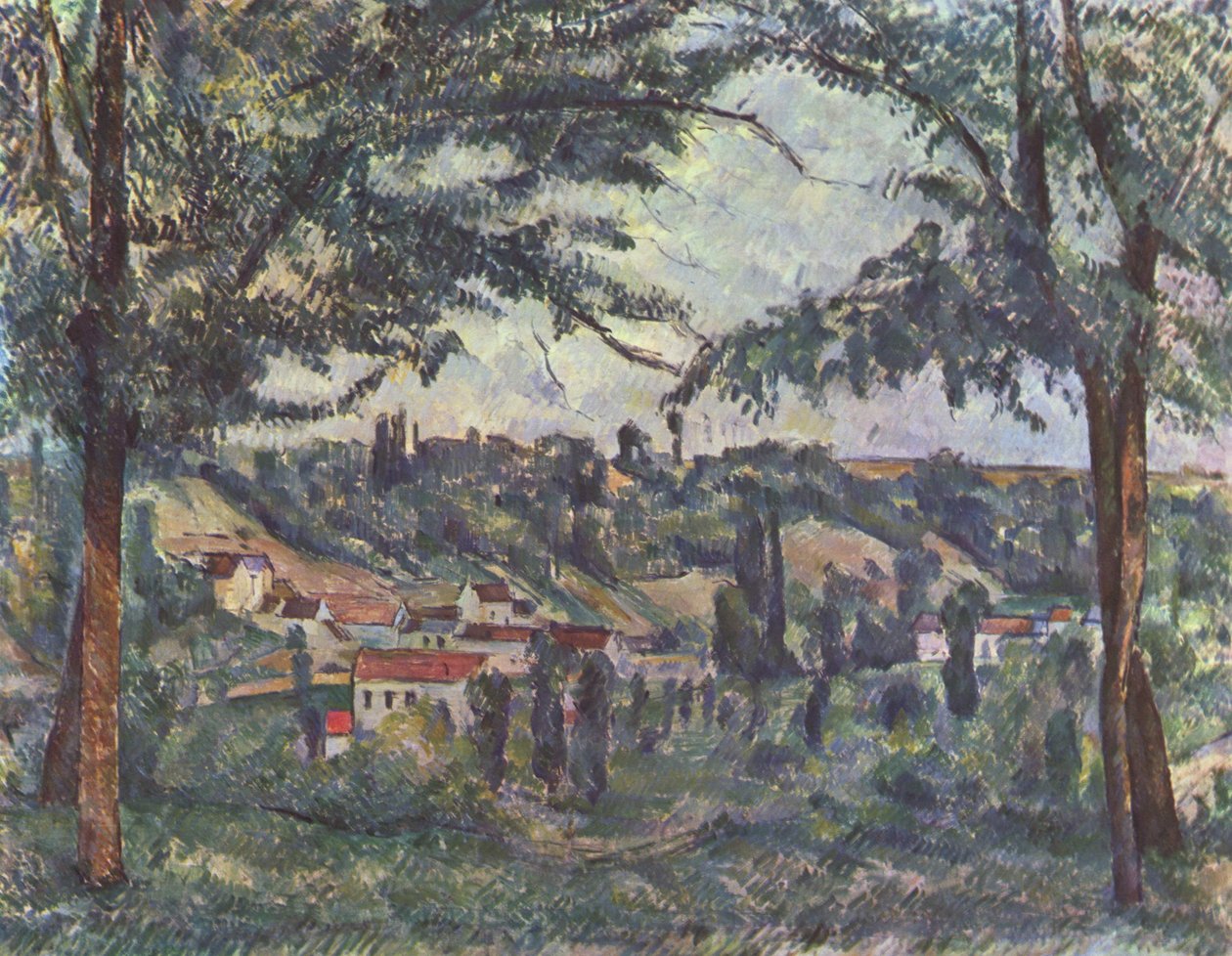 A Hameau des Pâtis Pontoise-ban, fákkal keretezve alkotó: Paul Cézanne