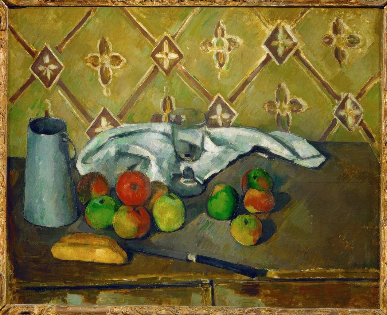 Csendélet (gyümölcsök, szalvéta és tejital) alkotó: Paul Cézanne