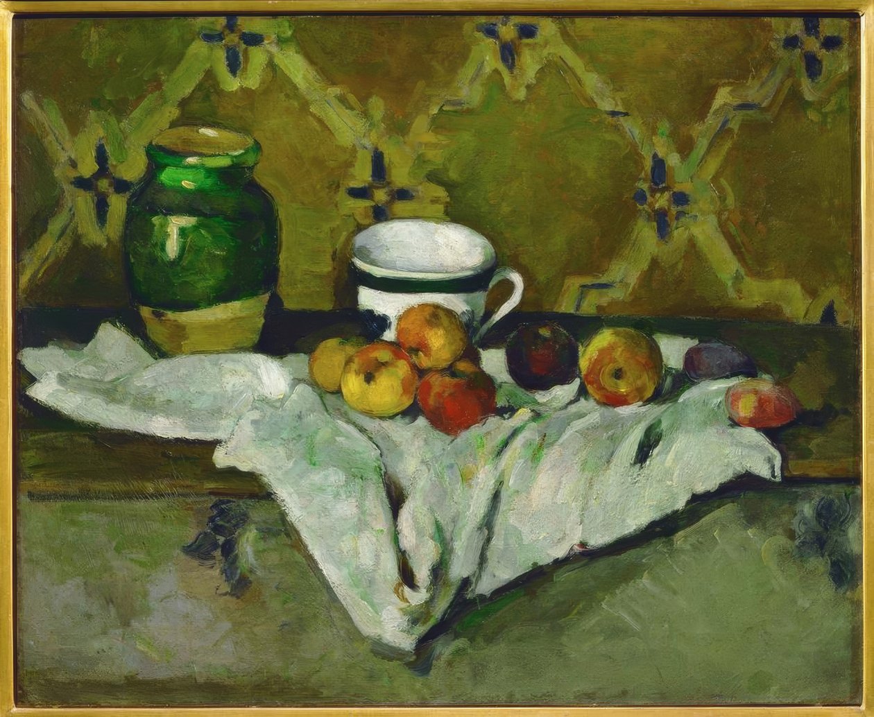 Csendélet (kerámia, csésze és gyümölcsök alkotó: Paul Cézanne