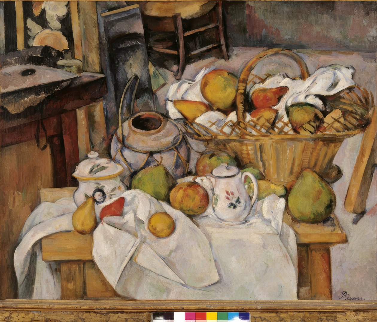 Csendélet kosárral vagy a konyhaasztallal alkotó: Paul Cézanne