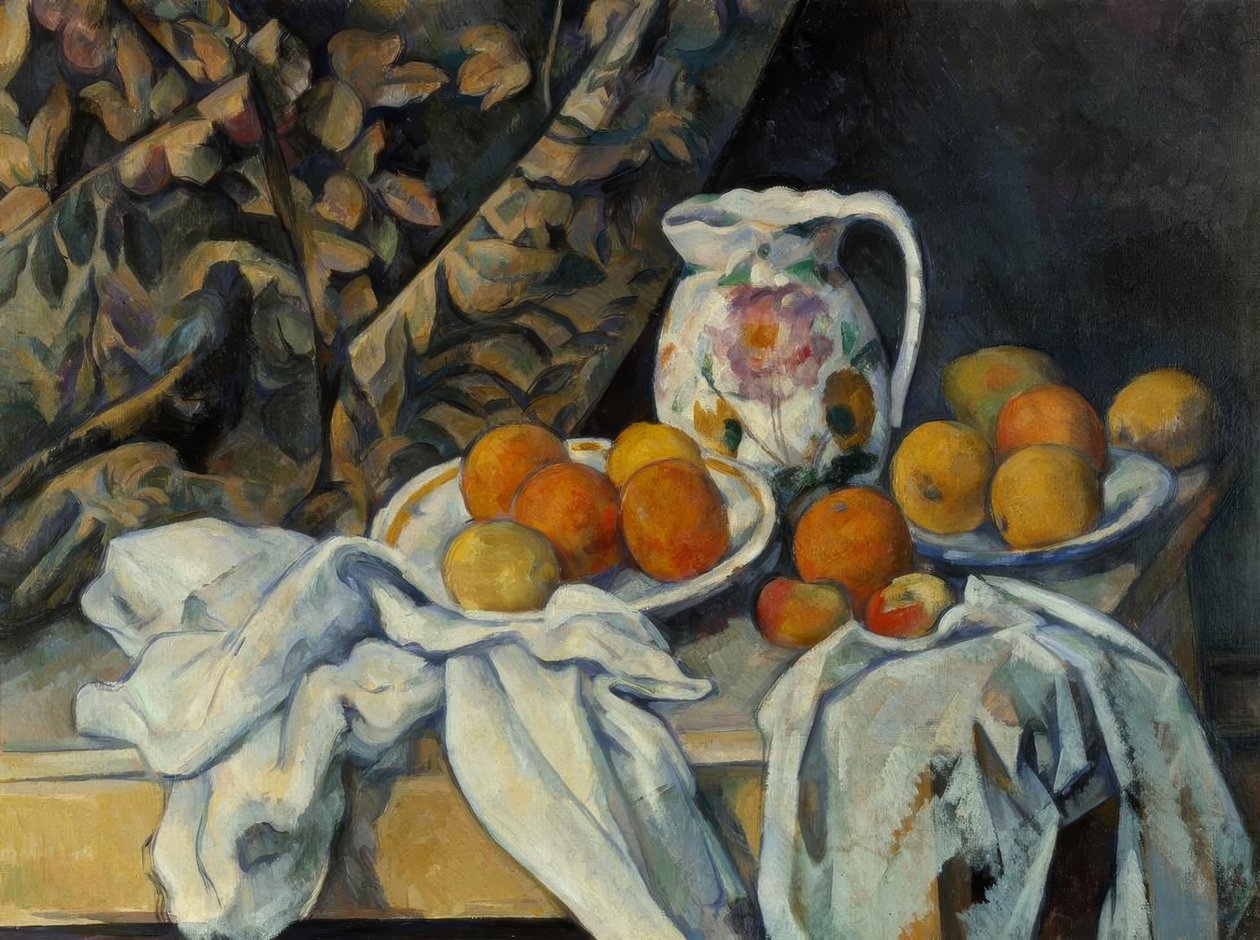 Csendélet függönnyel és virágos kancsóval alkotó: Paul Cézanne