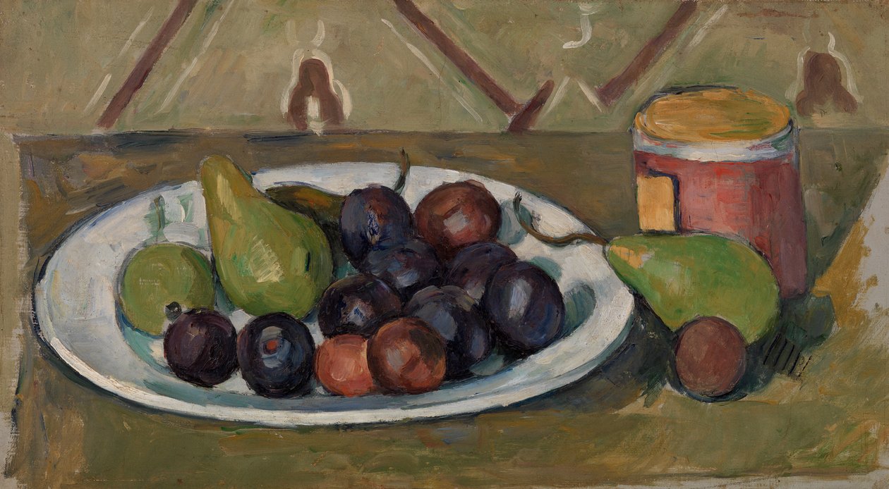 Tányér gyümölccsel és edénybe befőtt alkotó: Paul Cézanne