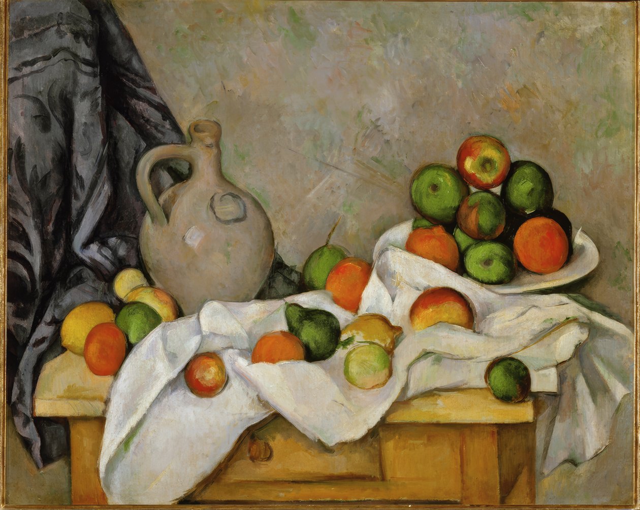 Függöny, kancsó és gyümölcstál alkotó: Paul Cézanne