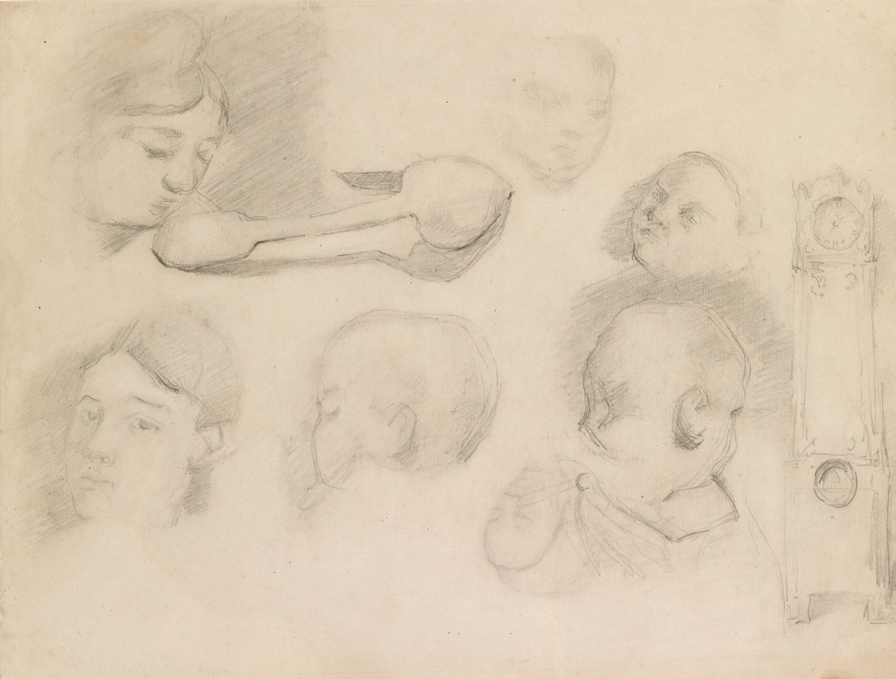 Tanulmányok egy gyermekfejről, egy női fejről, egy kanálról és egy hosszú tokos óráról, c1872 alkotó: Paul Cézanne