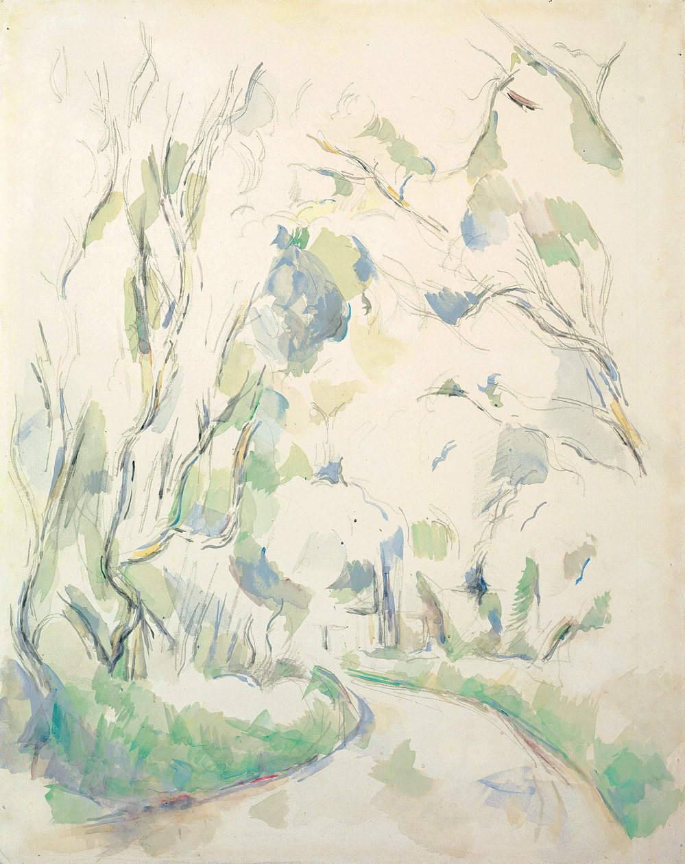 Wells és egy kanyargós ösvény a Chateau Noir Parkban; Kút és kanyargós út a Chateau Noir területén, 1900 körül alkotó: Paul Cézanne