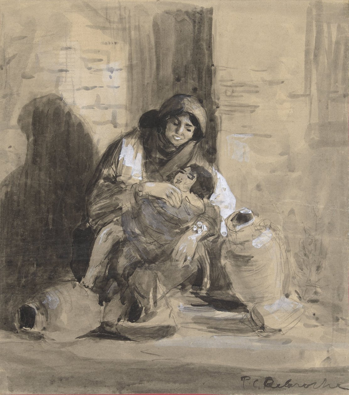 Ülő zsidó nő Gázából, gyermekével és két nagy kancsóval alkotó: Paul Delaroche