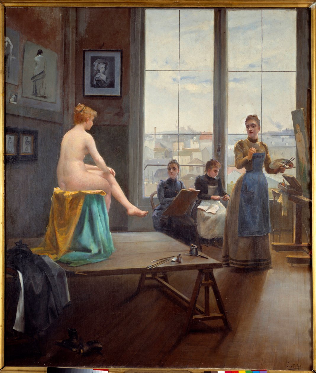 Fiatal lányok műhelye Egy modell pózok fiatal festőnőknek. Paul Duthoit festménye (1858-?) 1896 Dim. 1,20 x 1,04 m Pau, Szépművészeti Múzeum alkotó: Paul Duthoit