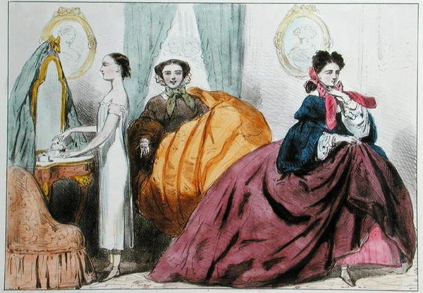 A krinolin divatját szatírozó rajzfilm, 1860 körül (színes litó) alkotó: Paul Emile Detouche