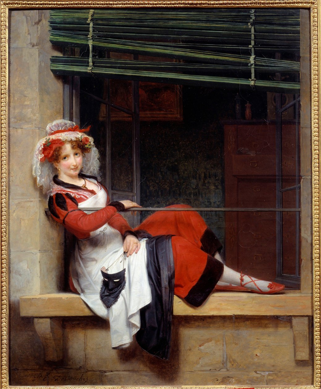 A bálra váró maszkok Egy fiatal nő ül az ablak szélén. Paul Emile Destouches (1794-1874) festménye 19. századi Nantes musee des Beaux Arts alkotó: Paul Emile Detouche
