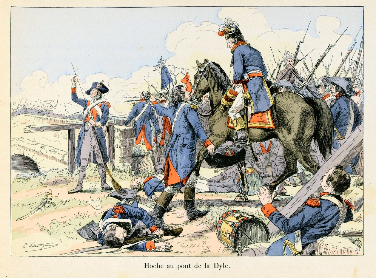 Hoche au pont de la Dyle: 1793 márciusában Lazare Hoche (1768-1797) az osztrákok ellen harcolt a Dyle Leuven (Belgium) előtti átjárónál történt visszavonulásról - Emile Boutigny (1853-1929) illusztrációja. Theodore „Hoche-Marceau-Desaix”. alkotó: Paul Émile Boutigny