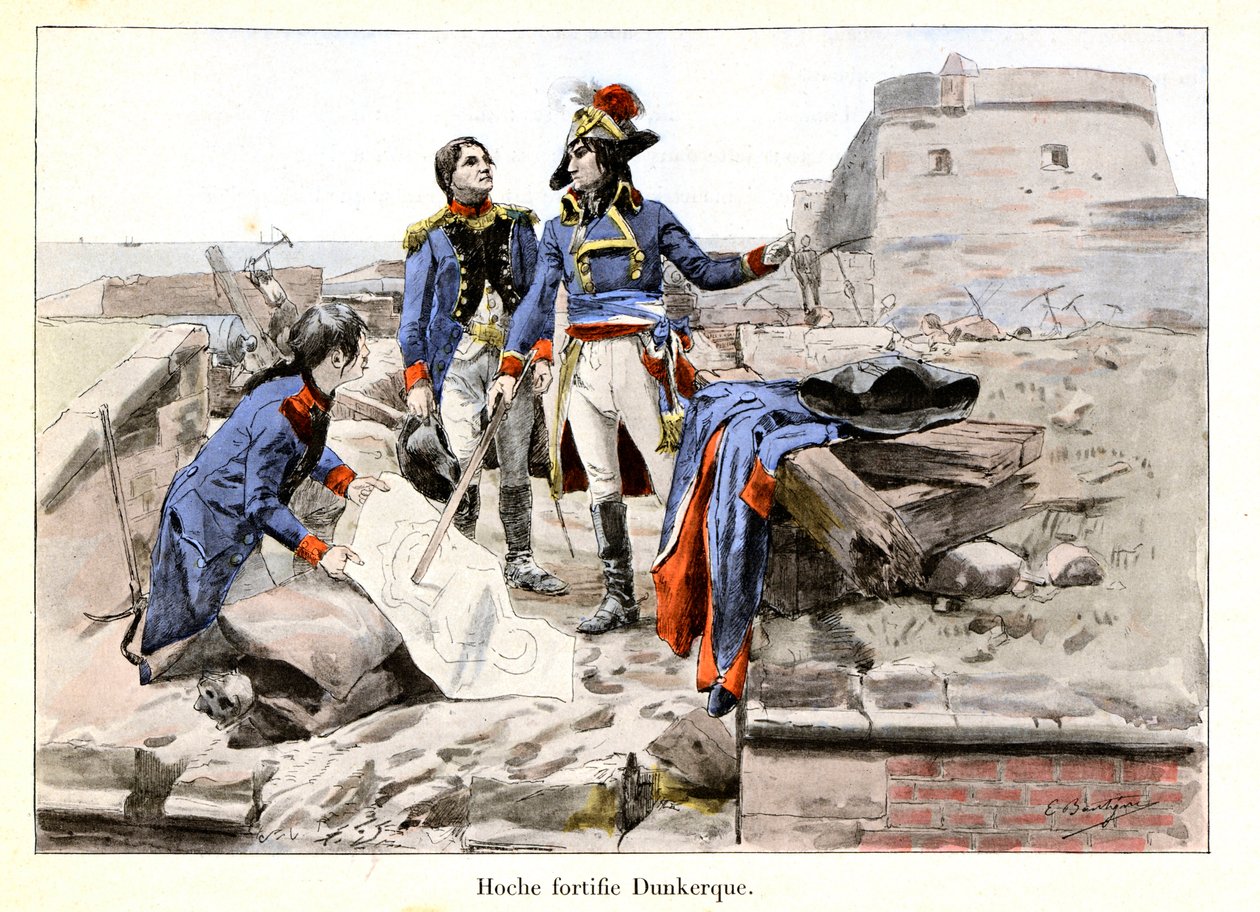 Hoche megerősíti Dunkerquet: 1793-ban Lazare Hoche (1768-1797) hadvezér tiszt megvédi Dunkerquet a britek ellen azáltal, hogy túlságosan megnehezíti a város vezetését az ellenség számára – Emile Boutigny (1853-1929) illusztrációja: „Hoche-Marceau-Desaix ”  alkotó: Paul Émile Boutigny