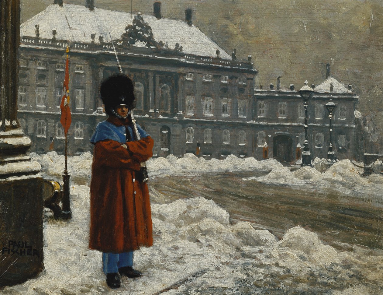 Királyi életőr szolgálatot teljesít a koppenhágai Amalienborg királyi palota előtt, alkotó: Paul Fischer
