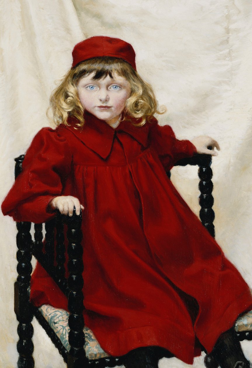 Harriet Fischer portréja, kicsi, háromnegyed hosszú, piros ruhát visel, 1896 alkotó: Paul Fischer