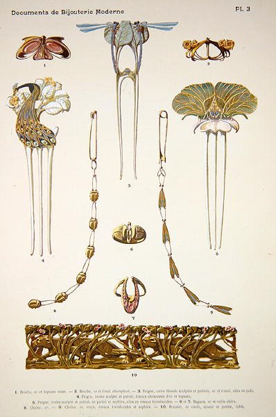 Ékszertervek, 3. tábla a „Documents de Bijouterie et Orfeverie modernes”-ból, Henri Laurens, Párizs, 1900 körül (színezett chromolitho) alkotó: Paul Follet