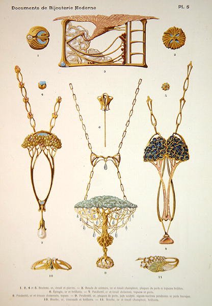 Ékszertervek, 5. tábla a „Documents de Bijouterie et Orfeverie modernes”-ból, Henri Laurens, Párizs, 1900 körül (színezett chromolitho) alkotó: Paul Follet