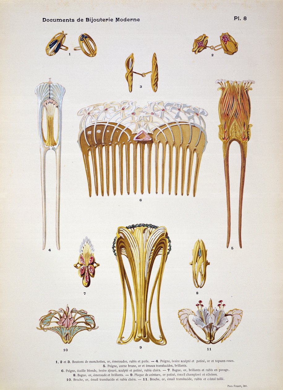 Ékszertervek, 8. tábla a „Documents de Bijouterie et Orfeverie modernes”-ból, Henri Laurens, Párizs, 1900 körül (színezett chromolitho) alkotó: Paul Follet