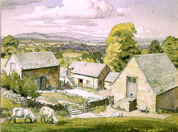 Egy cotswoldi farm. 1928 (akvarell, papír) alkotó: Paul Fripp