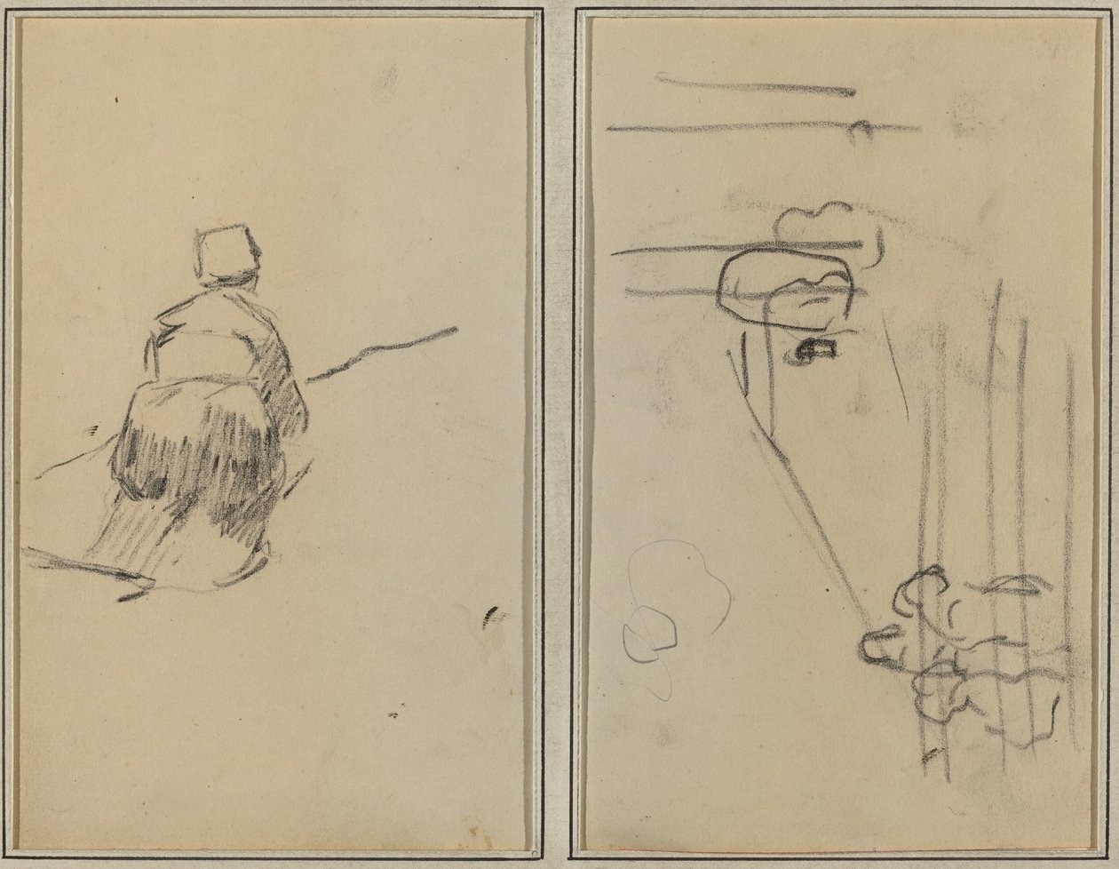 Egy breton nő sétál; Vázlat lépcsőkkel [verso] alkotó: Paul Gauguin