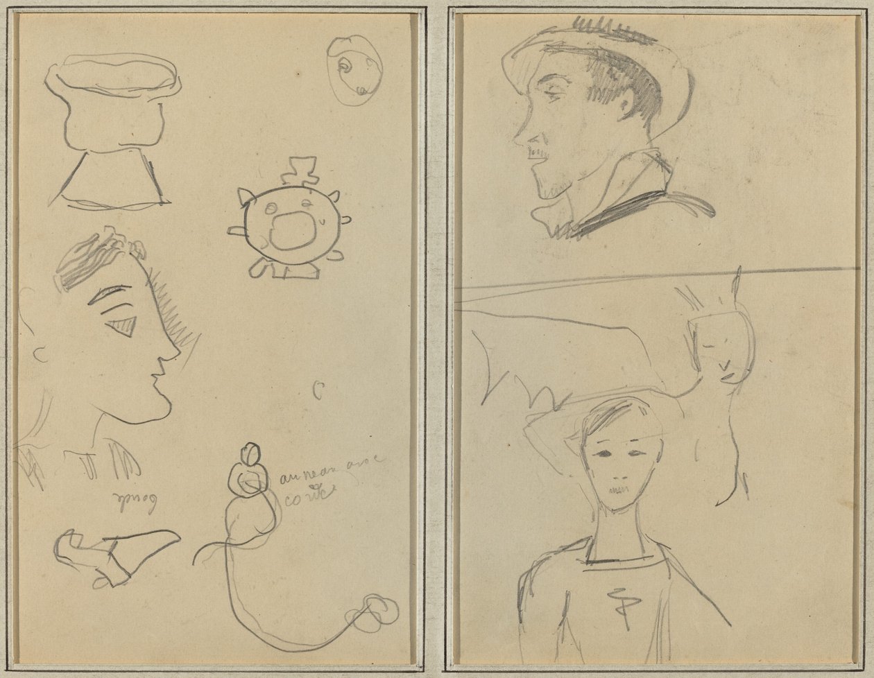 Egy karikatúra és öt forma; Egy férfi profilban, egy szárnyas lény és egy fiú [verso] alkotó: Paul Gauguin
