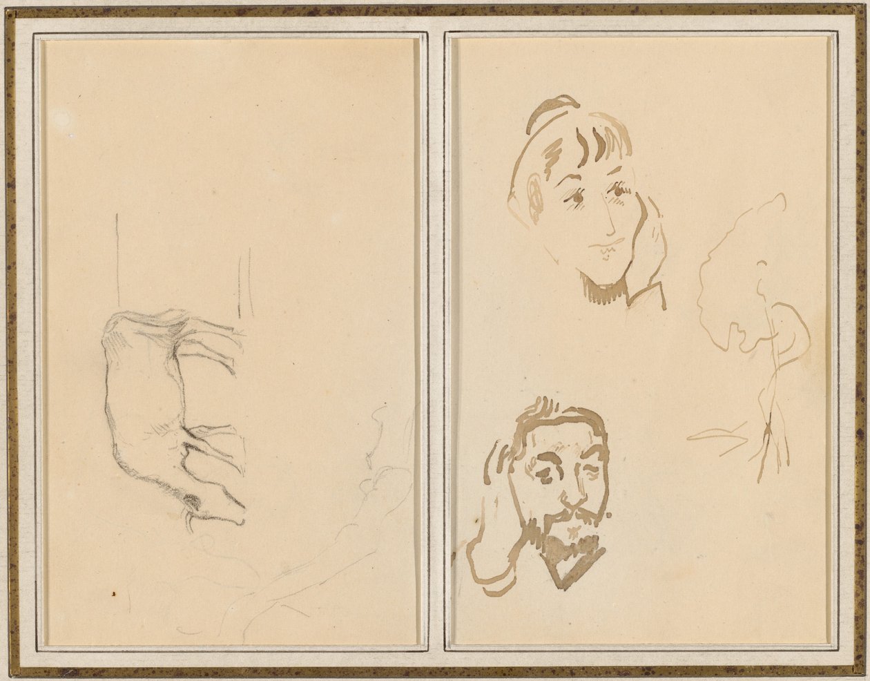 Egy legelő tehén; Egy nő feje az arcán, és egy férfi feje, aki a kezét a fülén [verso] alkotó: Paul Gauguin