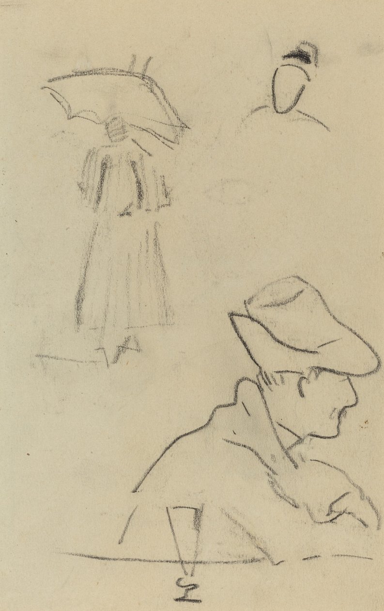 Egy esernyőt tartó személy és egy ülő férfi kalappal és pohárral [verso] alkotó: Paul Gauguin