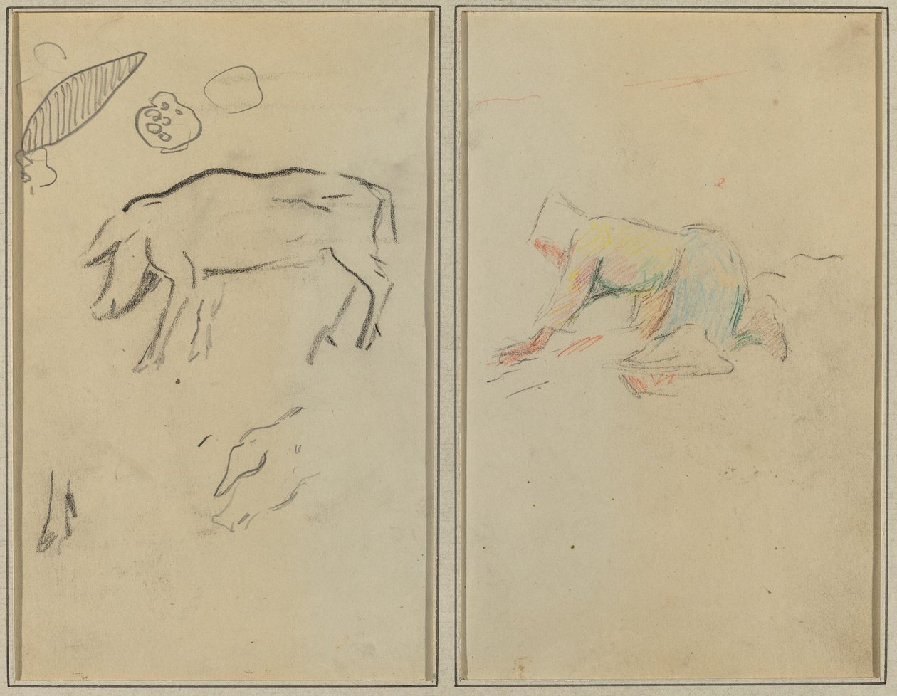 Egy malac; Breton paraszt térdelő [verso] alkotó: Paul Gauguin