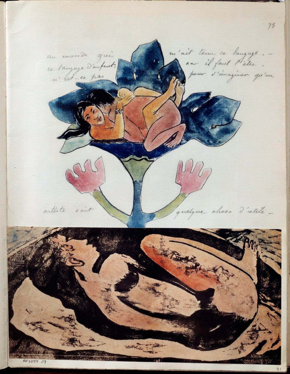 Paul Gauguin (1848-1903) festő Noa (vagy Noa Noa) albuma: 75. fólió. Felül rajz, akvarell, toll és tus a szexuális kapcsolat közbeni párat ábrázoló, alul pedig egy alvó nő akvarell kiemelései. . 1893 körül alkotó: Paul Gauguin
