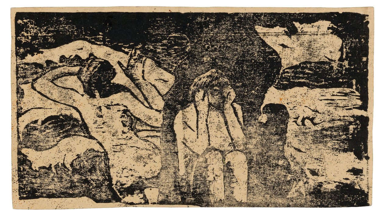 A fekete szikláknál, a késői fametszetek szvitjéből alkotó: Paul Gauguin