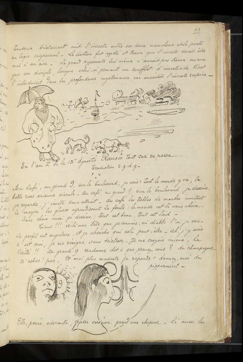 Avant et après - szöveg és rajzok "le petit mignon"-ról és kutyáiról Cytherában, valamint két fejről (önarckép?) egy kávézóban alkotó: Paul Gauguin