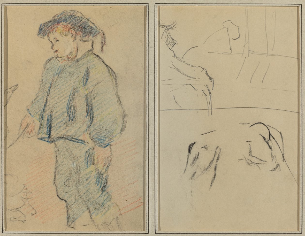 Breton fiú libát ápoló; Tehenek és egy párkányra támaszkodó alak [verso] alkotó: Paul Gauguin