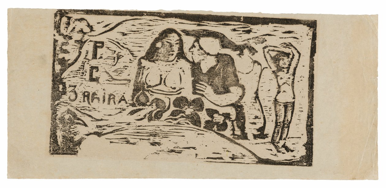 Meztelen nő mellszobra és háromnegyedes férfi alakja fehér sapkával profilban, harmadik kis figura jobb szélen, Le sourire fejdísz alkotó: Paul Gauguin