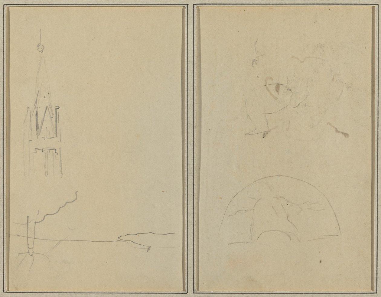 Templomtorony; Vázlat egy rajongóról [recto] alkotó: Paul Gauguin