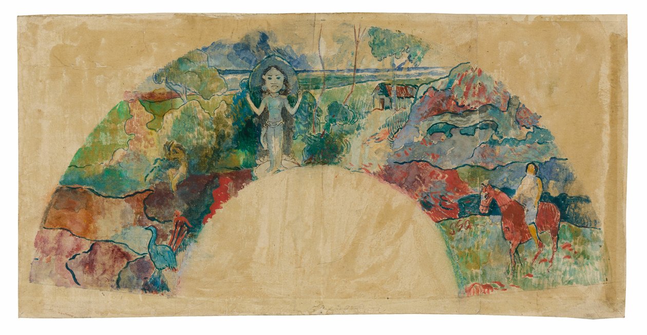 Tervezés rajongóknak, tájjal és Hina istennő szobrával alkotó: Paul Gauguin